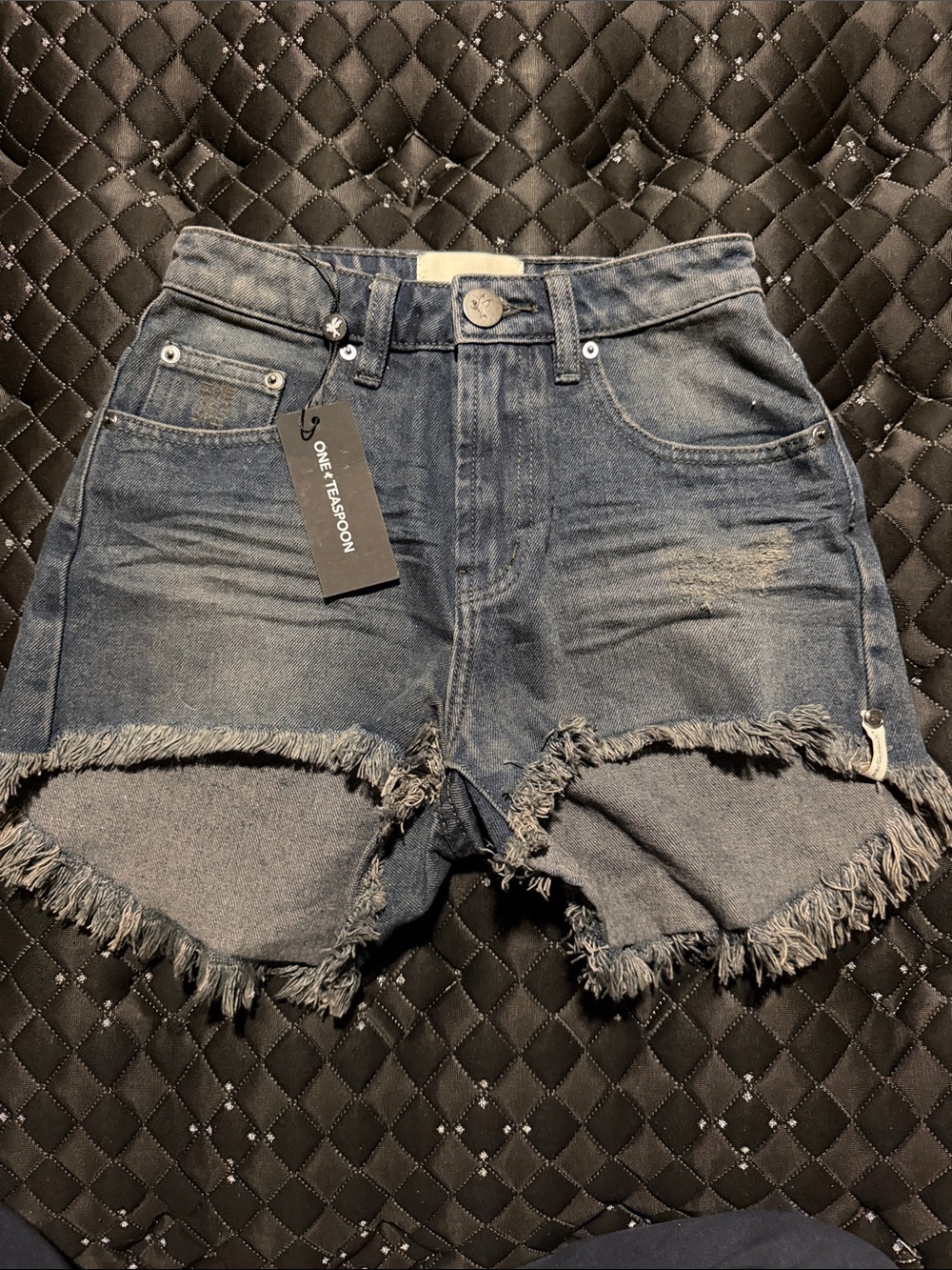 One Teaspoon Blue Distressed Frayed Hem Denim Shorts